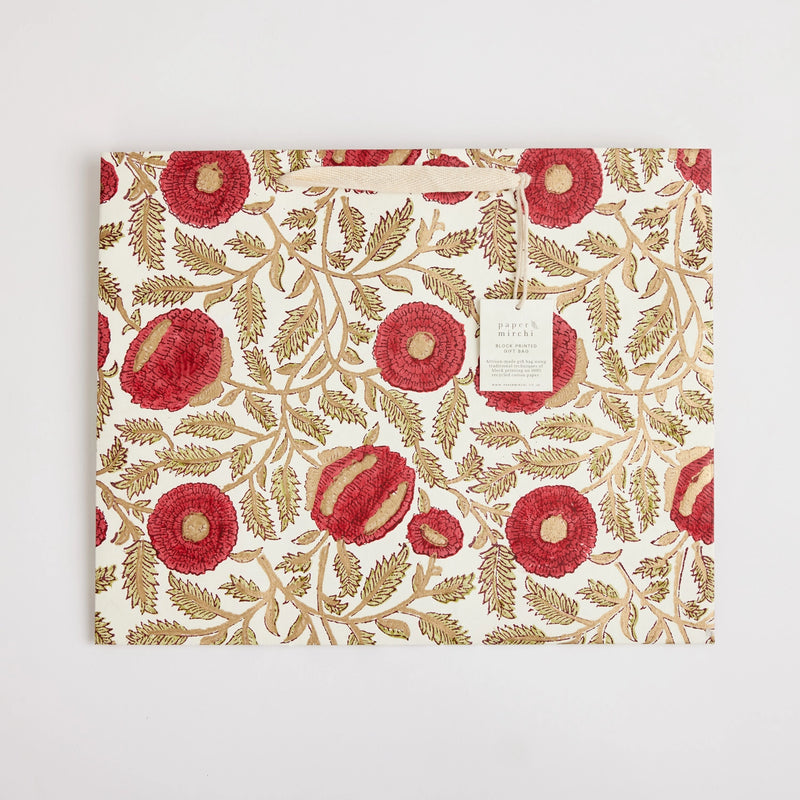 Block Print Gift Bag, Red Flower, Large