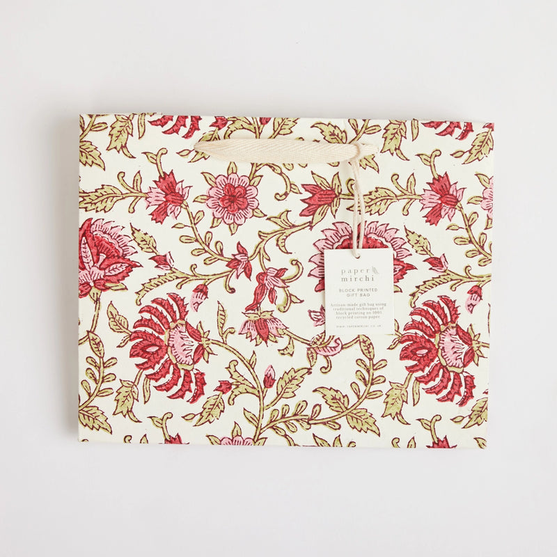 Block Print Gift Bag, Red Flower, Medium