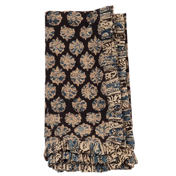 Anika Block Print Tablecloth, Black Navy Floral