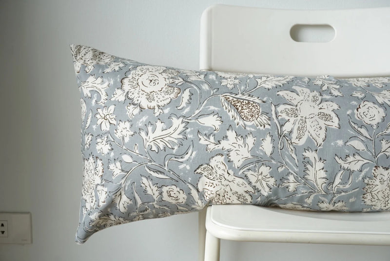 Blue Flowers Block Print Lumbar Pillow