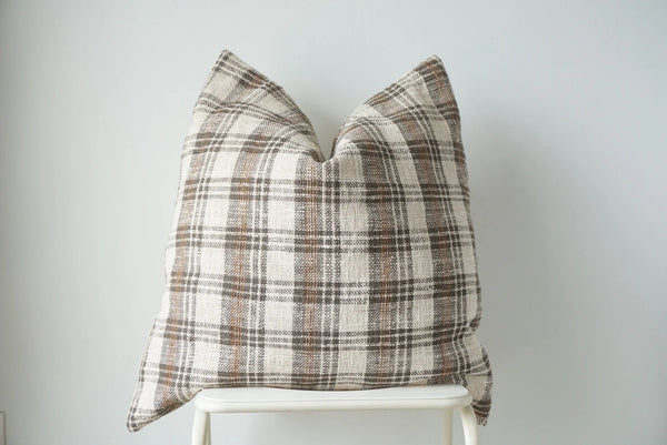 Grey, White, Brown Plaid Thick Woven Pillow