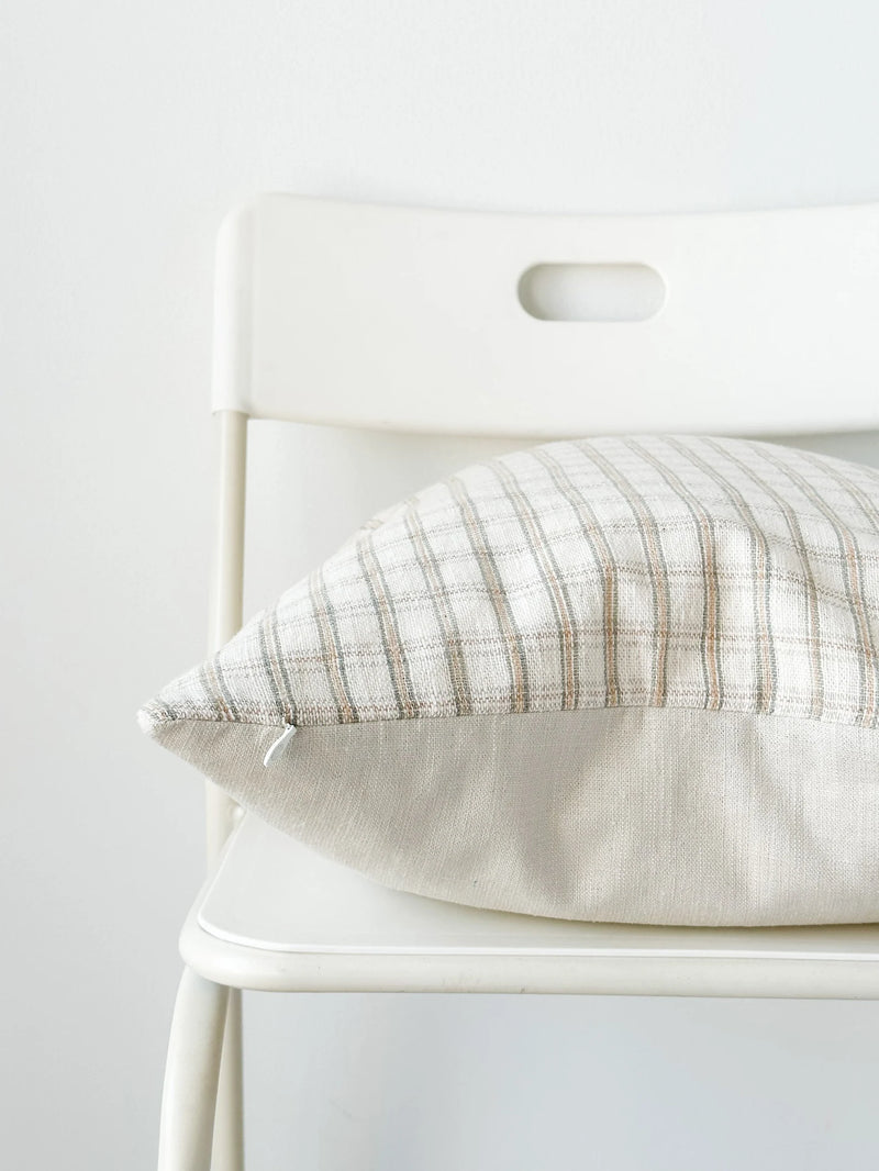 White Brown Grey Tiny Plaid Woven Pillow