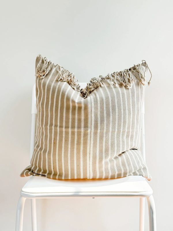 Oatmeal and White Stripe Fringe Pillow
