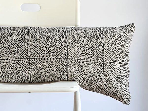 Black and Cream Batik Dots Lumbar Pillow