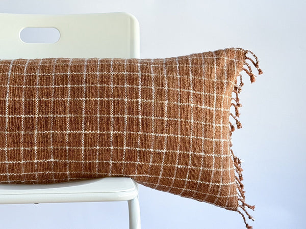 Handwoven Terracotta Grid Fringe Lumbar Pillow
