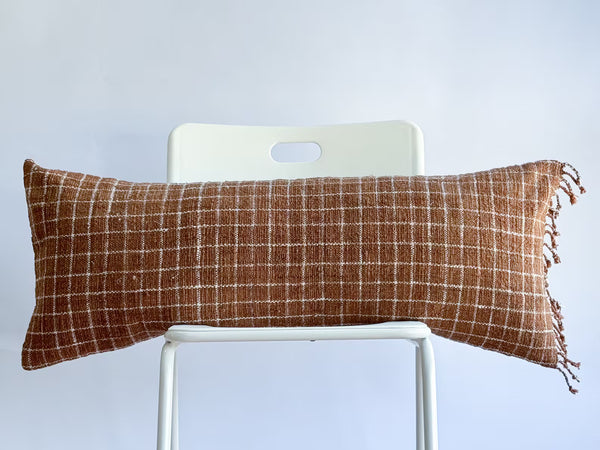 Handwoven Terracotta Grid Fringe Lumbar Pillow