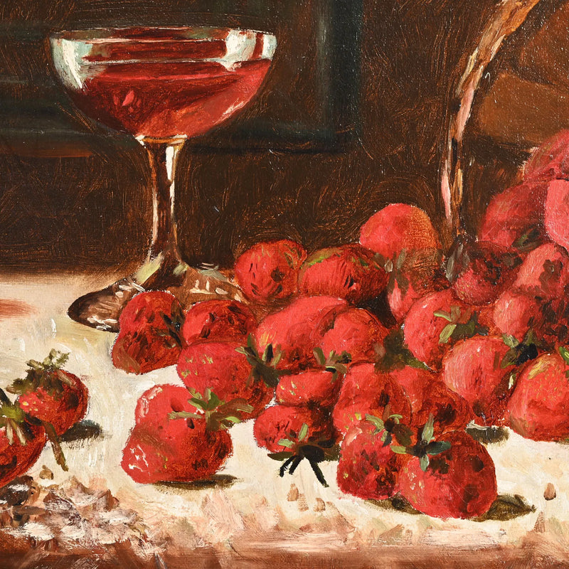 19th Century Still Life Painting, Wine & Strawberries