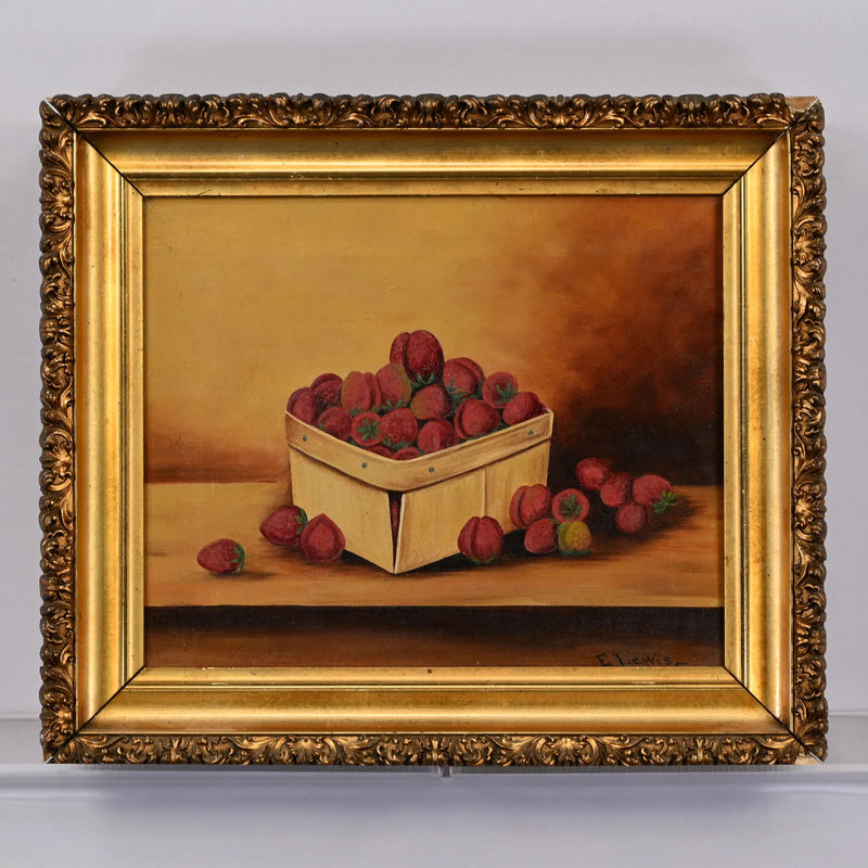 19th Century  Still Life Painting, Basket of Strawberries
