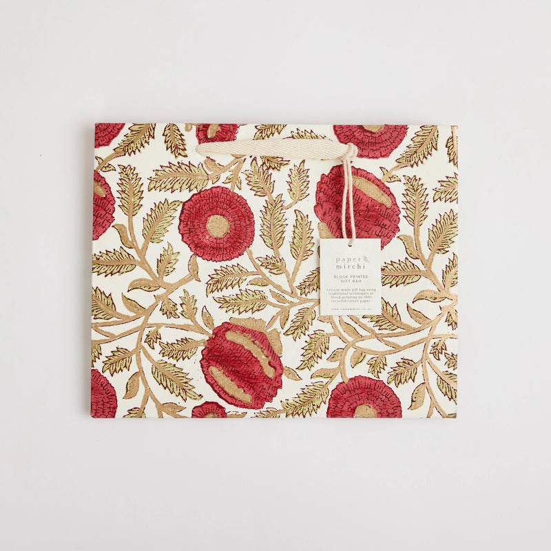 Block Print Gift Bag, Red Flower, Medium