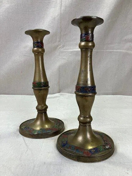Pair of Brass Candlesticks with Enameled Floral Bands - set of 2