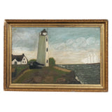 19th Century Primitive Lighthouse Oil Painting