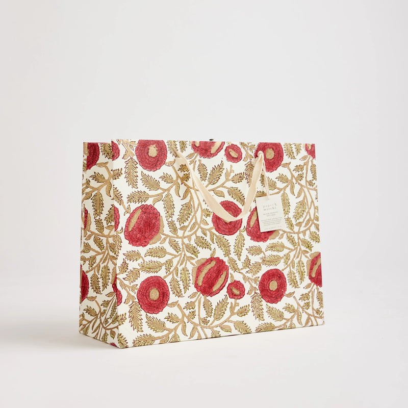 Block Print Gift Bag, Red Flower, Large