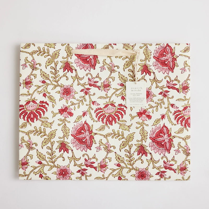 Block Print Gift Bag, Red Flower, Large