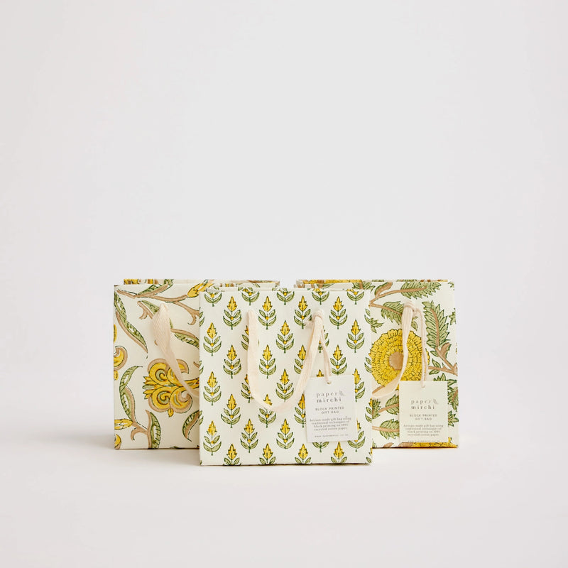 Block Print Gift Bag, Yellow Flower, Small