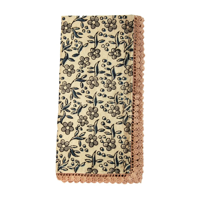 Anika Block Print Napkins, Cream Navy Floral, Single