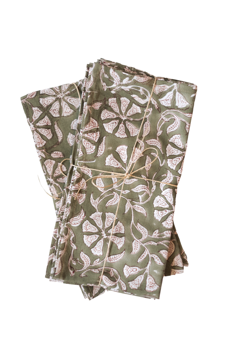 Artichoke Green Block Print Napkins, S/4