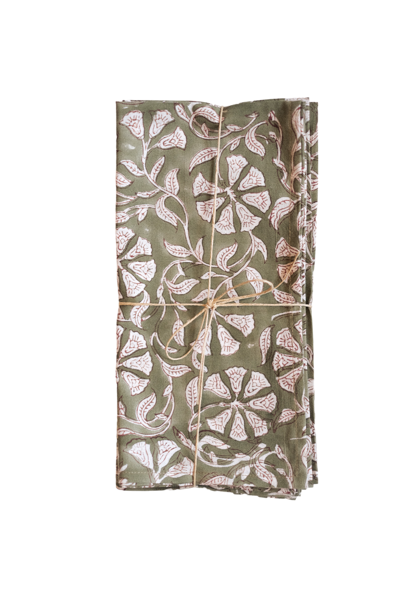 Artichoke Green Block Print Napkins, S/4