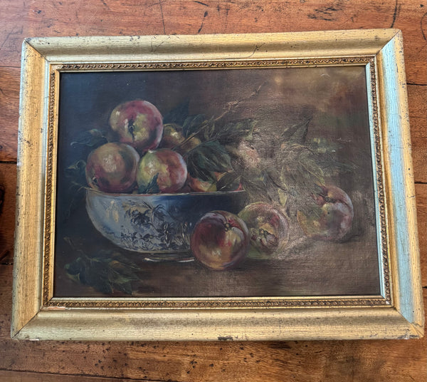 19th c. Bowl of Fruit Still Life Oil Painting