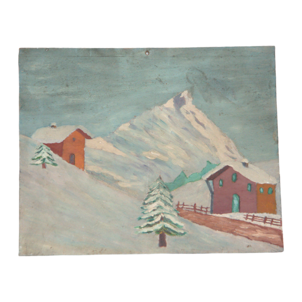 1920's Folk Art Oil on Board, Snowy Landscape