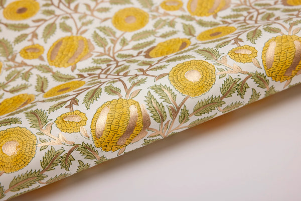 Block Print Gift Wrap, Yellow Flower