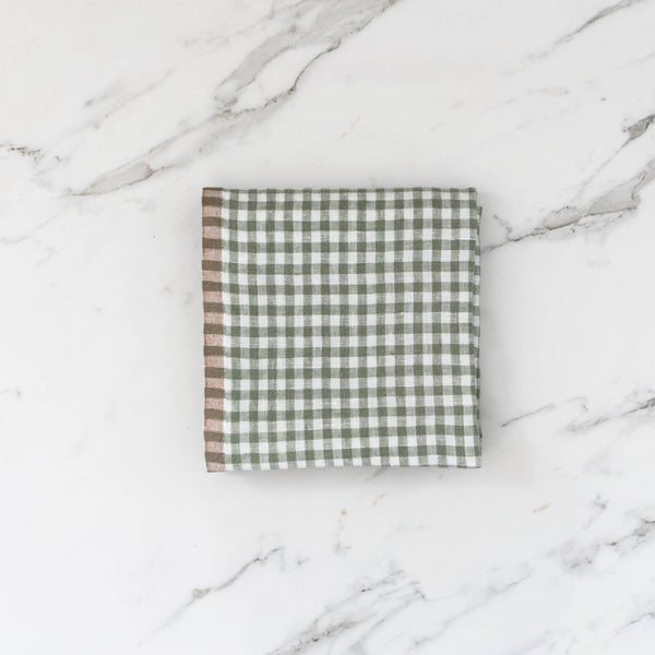 Gingham Check Linen Towel, Green, Set of 2