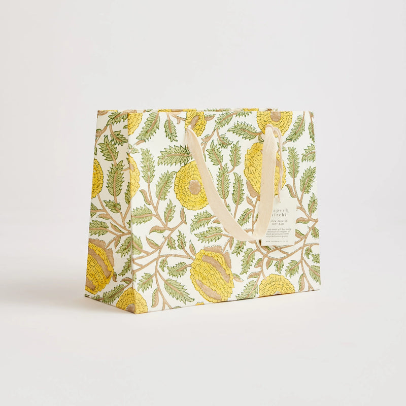 Block Print Gift Bag, Yellow Flower, Medium