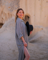 Grey Striped Muslin Cotton Shirt Dress