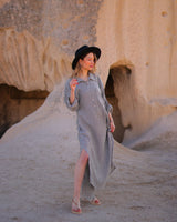 Grey Striped Muslin Cotton Shirt Dress