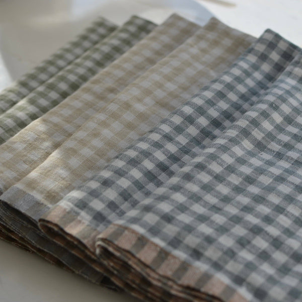 Gingham Check Linen Towel, Beige, Set of 2