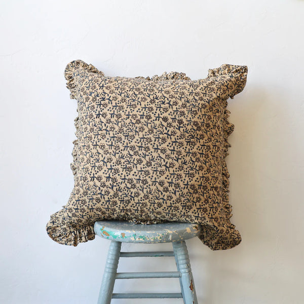 Anika Block Print Pillow, Cream Navy Floral, 22x22