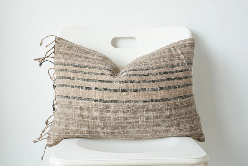 Handwoven Brown Black Stripe Fringe Lumbar Pillow