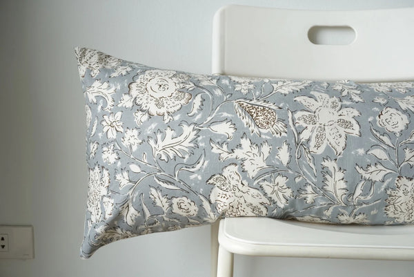Blue Flowers Block Print Lumbar Pillow