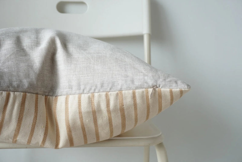White and Brown Natural Dye Stripe Woven Pillow