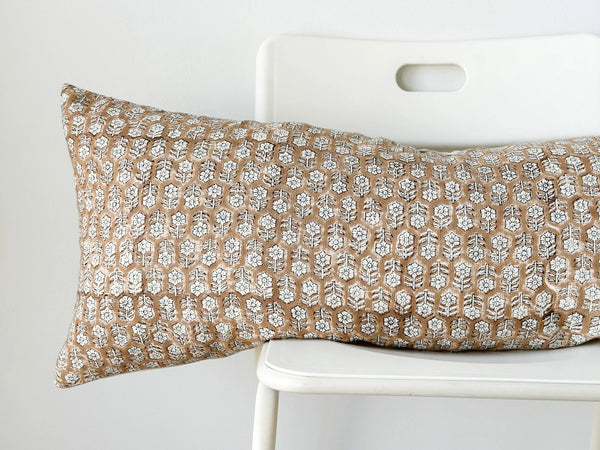 Brown with White Flowers Block Print Lumbar Pillow