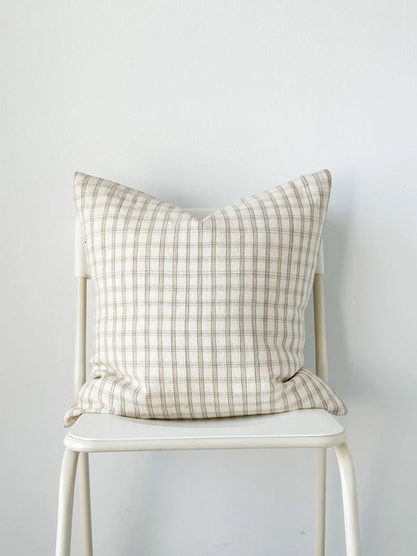 White Brown Grey Tiny Plaid Woven Pillow