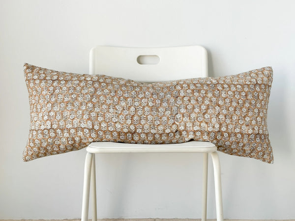 Brown with White Flowers Block Print Lumbar Pillow