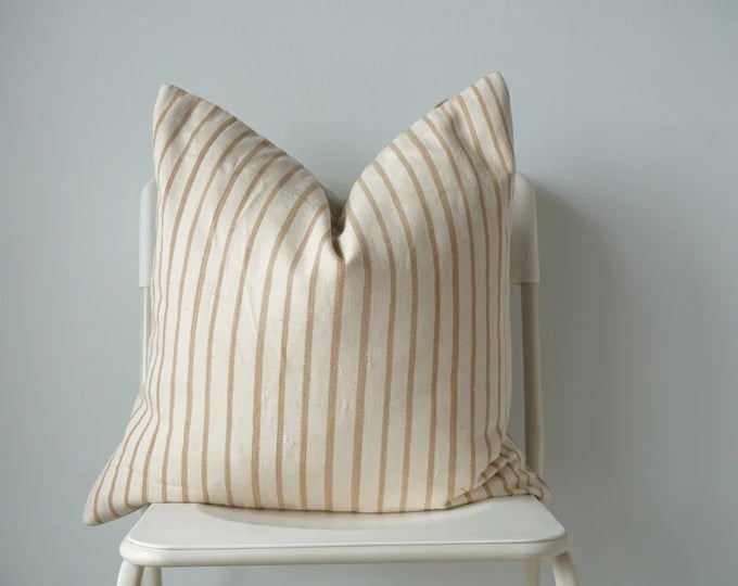 White and Brown Natural Dye Stripe Woven Pillow