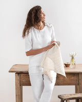 Linen Kitchen Towel, Cream White Stripe