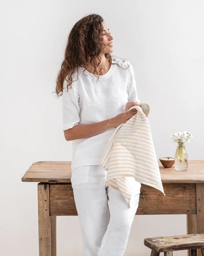 Linen Kitchen Towel, Cream White Stripe