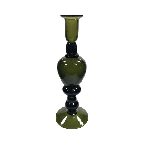 Hand Blown Dark Green Thick Glass Candlestick, Large