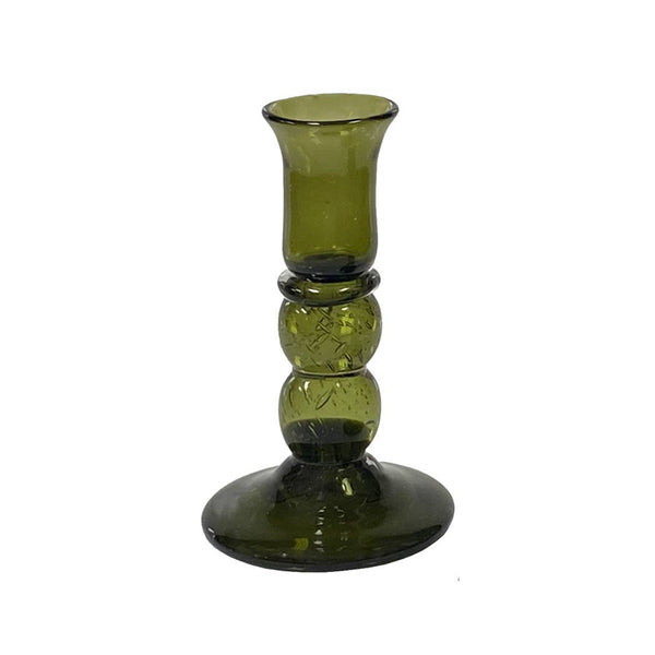 Hand Blown Dark Green Thick Glass Candlestick, Small