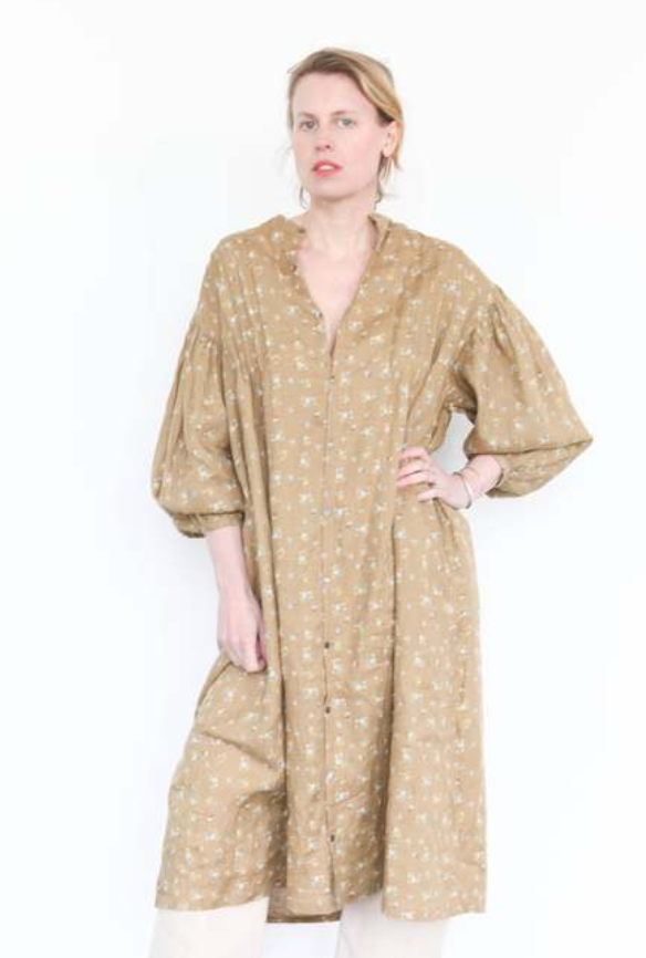 Linen Flower Tuck Shirt Dress