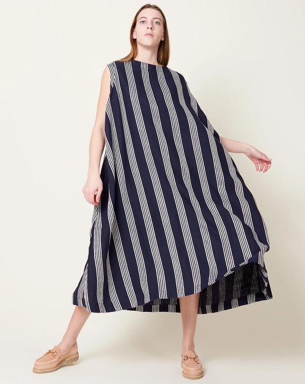 Linen Sleeveless Dress, Navy Stripes